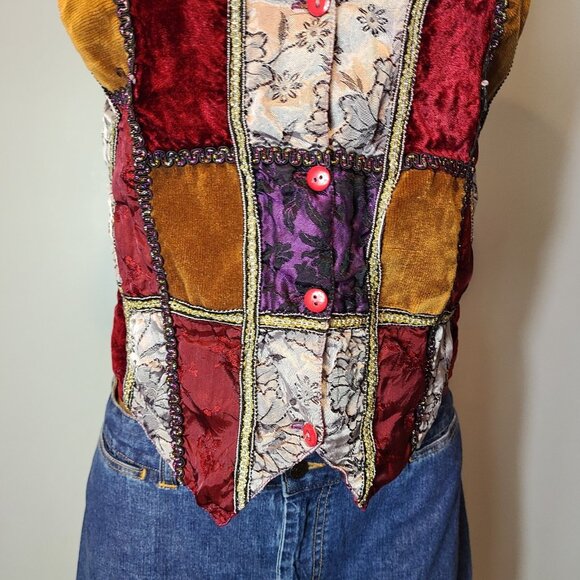 Vintage 90s Y2K Velvet Patchwork Vest Medium Jewel Tone Fairy Grunge Festival - Picture 11 of 11